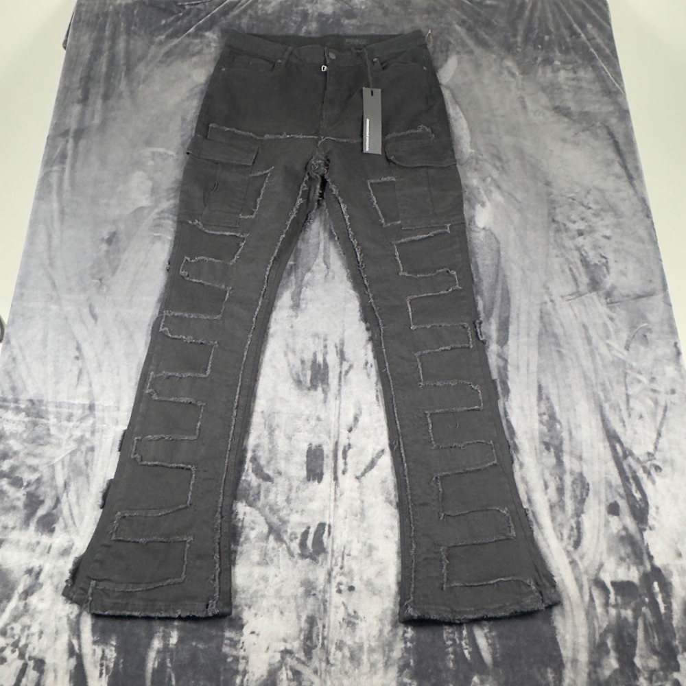 NWT Rockstar Original Ramia Stacked Flare Jeans Mens 34 Black Patchwork Cargo
